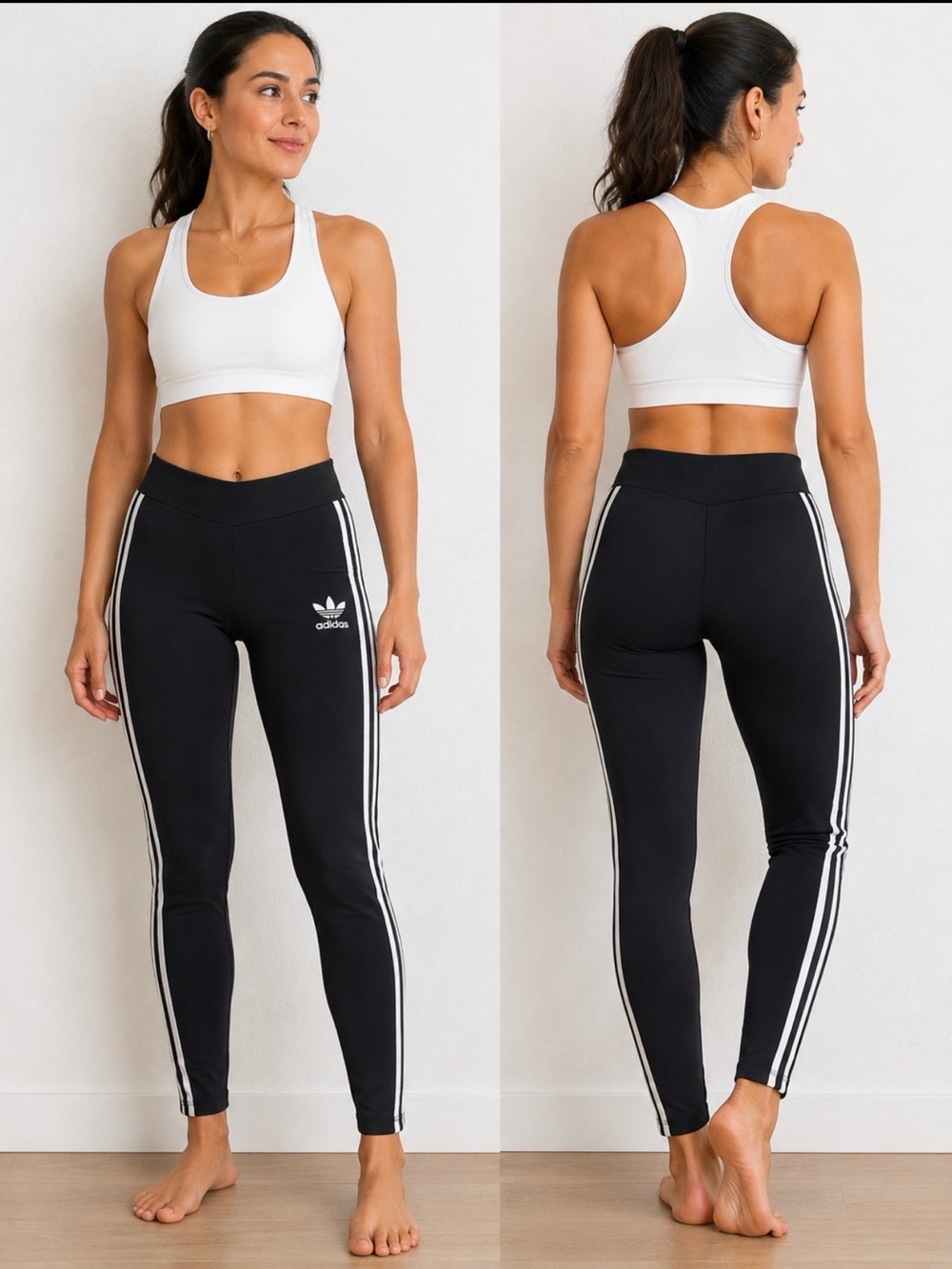 adidas Black Leggings with White 3-Stripes and Trefoil Logo